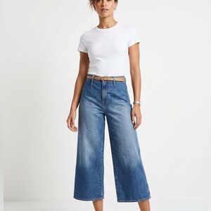 Zara Womens Wide Leg Jeans Blue Denim Gold Button Size 8 High Rise Relaxed Fit